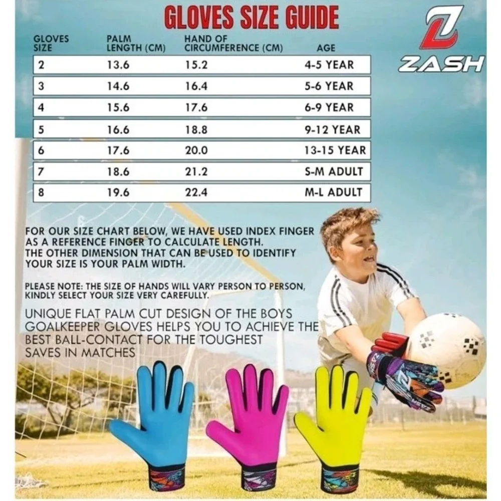 Zash Goalie Gloves for Kids Boys Kids, Youth Soccer Football Goalkeeper Sz 3